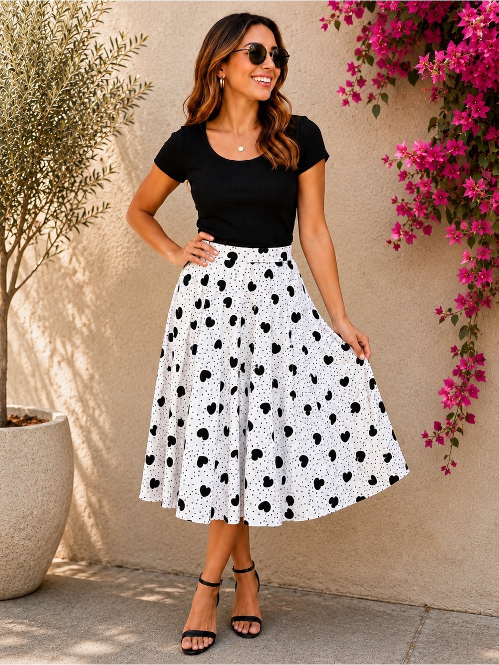 Polka Dot Heart Midi Skirt Black & White Vintage Inspired Pockets Lined Tulip B